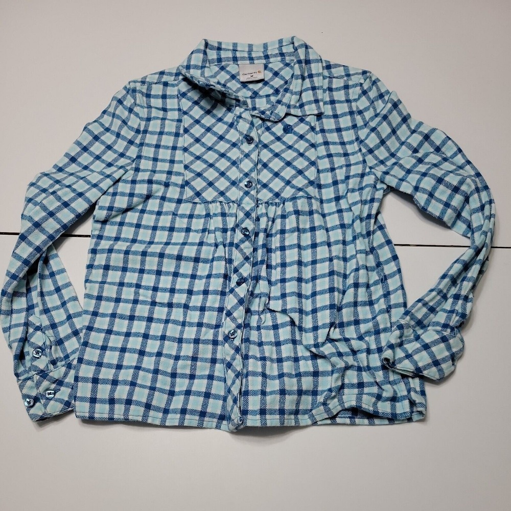 Carhartt Top Girls M Button Front Shirt Blue White Plaid Long Sleeve Cotton Warm